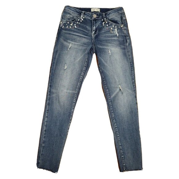JOLT SKINNY JEANS W/ RHINESTONES & PEARLS - SIZE 3 /26 - DISTRESSED - Picture 1 of 9